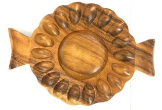 Vintage Teak Wood Deviled Egg Plate Serving Tray Easter Mid Century Wooden