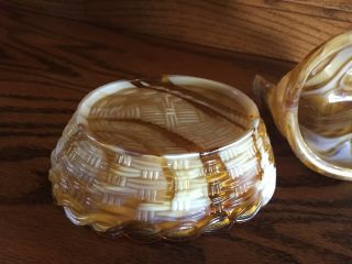 ;Vintage Slag Milk Glass Hen On A Nest - Gold/Brown/Cream - Basket Weave Base 4