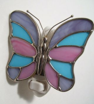 Butterfly Night Light Stained Glass Pink & Lavender Purple Vintage