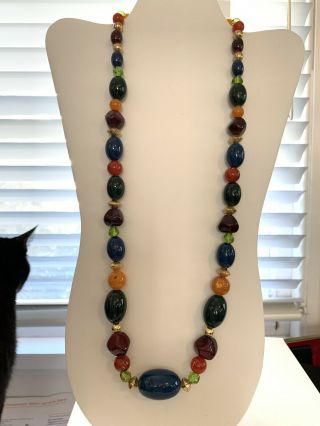 Vtg Lc Liz Claiborne ? Chunky Bead Necklace Lucite Blue Green Gold Red