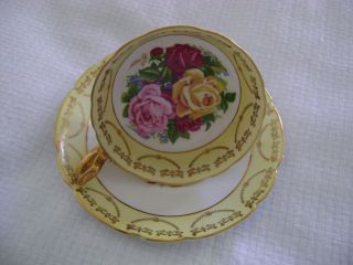 Vintage Regency Bone China Cup & Saucer Roses/flowers Yellow And Gold Trim