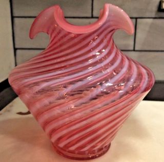 Vintage Fenton Opalescent Cranberry Vase Spiral Pink Rose Color,  Ruffled Top