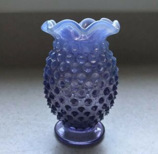 Vtg Fenton Purple Glass Hobnail Opalescent Ruffled Edges Small Posey Vase 3.  75”