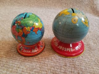 2 Vintage Tin Globe Banks Ohio Art Co.  World Bank & Welt Bank West Germany