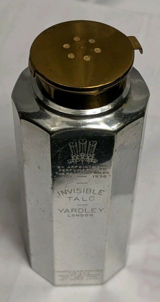 Vintage Invisible Talc Yardley London Shaker Bottle W/ Lid 4 Oz Full Of Powder.