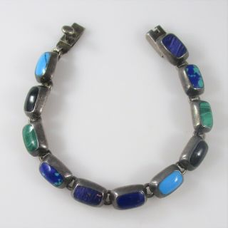 Mexico Panel Bracelet Turquoise Onyx Malachite Vintage Sterling Silver 32g 7.  5 "