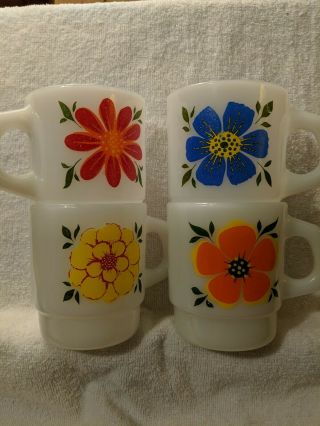 4 Vintage Fire King Coffee Cups Mugs White Milk Glass W/blue/ Yellow/red Flowers