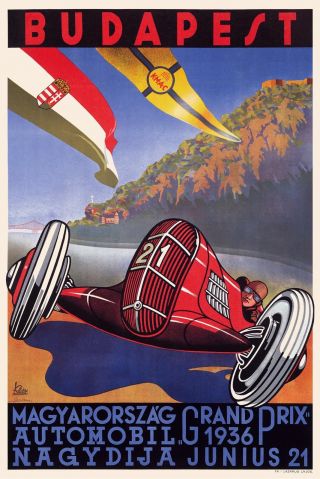 Art Deco Poster 1936 Hungarian Grand Prix Budapest 1930s Vintage Motor Racing