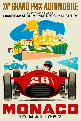 Vintage French Monaco Grand Prix Poster 1957 Motor Racing Sports Cars Fangio