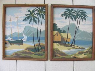 Set Of 2 Vtg Framed Paint By Number Finished Pictures Palm Trees Sail Boat Ocean