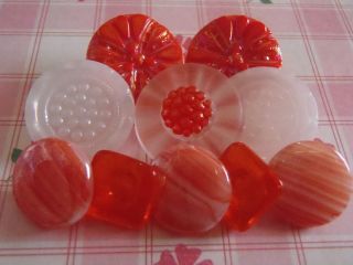 10 Vintage Glass Buttons Coral Tangerine White Craft Sew Scrapbook Knit Jewelry