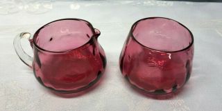 Vintage Pilgrim Cranberry Glass Sugar Bowl And Creamer Optic Rib Pattern