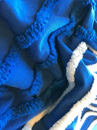 Royal Blue and White Striped Vintage Chenille Bedspread Fabric Piece 18x35 2