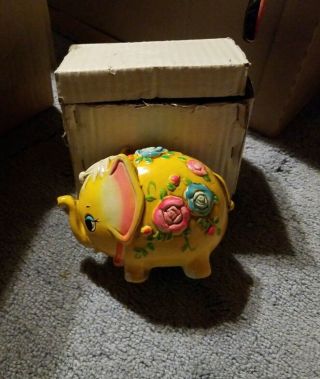 Vintage Holiday Fair Yellow Floral Ceramic Elephant Piggy Bank Box