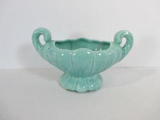 Mid Century Pottery Planter Vase Shell Ribbed Handles Turquoise Green Vintage