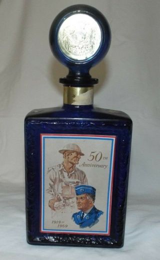 Vintage American Legion 50th Anniversary Blue Glass Decanter Bottle (1919 - 1969)