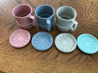 Vintage Tupperware Pastel Coffee Mugs With Lids/coasters (set Of 3 Mugs & 4 Lids