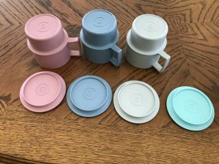 Vintage Tupperware Pastel Coffee Mugs With Lids/Coasters (Set Of 3 Mugs & 4 Lids 2