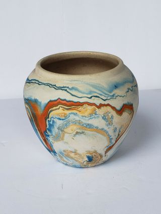 Vintage Nemadji Indian Pottery Vase Blue Orangr Swirl Native Clay 4.  25 " Tall