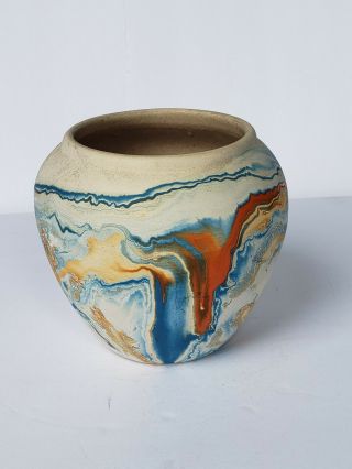 Vintage NEMADJI Indian Pottery Vase Blue Orangr Swirl Native Clay 4.  25 