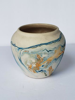 Vintage NEMADJI Indian Pottery Vase Blue Orangr Swirl Native Clay 4.  25 