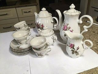 Vintage " Moss Rose " 16 Pc China Tea Set Teapot Sugar Creamer Cups Saucers Japan