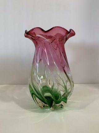 Vintage Hand Blown Art Glass Vase 7” Green Cranberry Teleflora Swirl Murano?