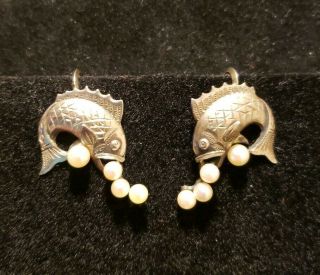 Vintage Sterling Silver Fish Screw Back Earrings