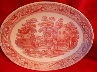Vintage Platter Pink & White Farm Scene With Acorns And Leaves On Trim