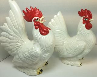 (2) Vintage Ceramic Tabletop Roosters Hens Chickens 8.  75” & 8”