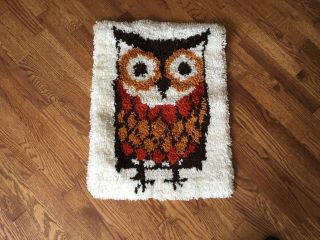 Vintage Owl Latch Hook / Hook And Latch Completed Rug / Wall Hanging Owl Decor