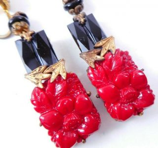 Vtg Art Deco Signed Czech Pressed Glass Red Flower Black Dangle Earrings