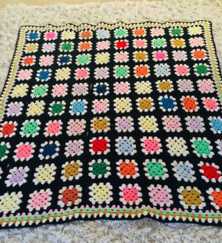 Vintage Handmade Granny Square Afghan Crochet Black Throw Multicolor 53”