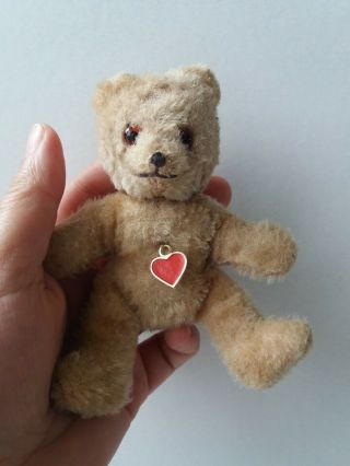 Vintage 1950s Mohair Bear 4in By Berg Austria With Enameled Heart Pendant Label