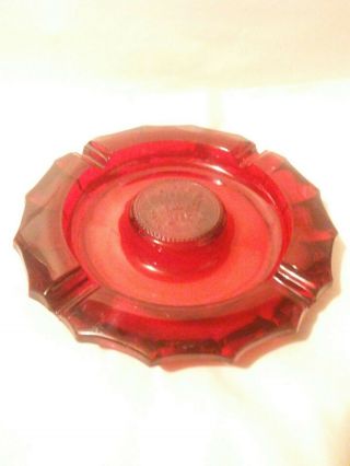 Vintage Ruby Red Glass Ashtray American Eagle Center 1887 - Thick Heavy Glass