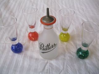 Vintage Bitters Bottle & Set (4) Cordial Glasses Hand Blown Venetian Style Balls