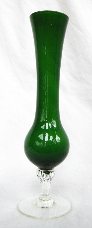 Vintage Hand Blown Italian Green Cased Glass Vase With Twisted Stem C 1970s
