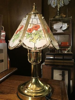 Vintage Brass Glass Panel 3 Way Touch Lamp Morning Glory Flower 1989 Iem 15” Vg,