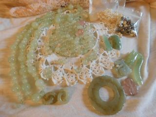 Bag Of Vintage Jade,  Jatelite,  Green Loose Beads,  Dragons,  Pearls