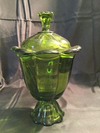 Vintage Viking Glass Epic Footed Candy Dish W/ Lid Avocado Green Color 8petal