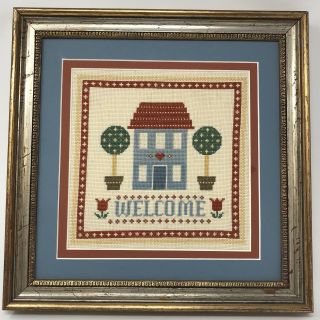 Vtg Finished Needlepoint Welcome Sampler Folk Art Embroidery Framed Matted