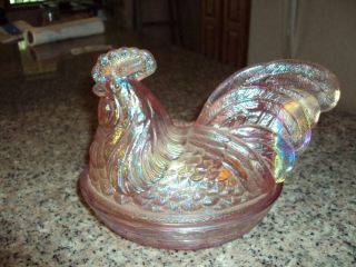 Vintage Light Pink Iridescent Carnival Glass Hen On A Basket Split Tail Id:45869