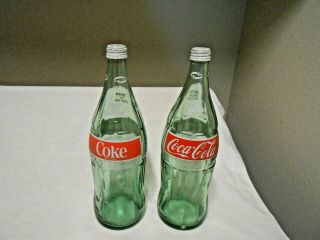 Large 32 Oz Vintage Coca - Cola Coke Green Glass Bottle - (2) With Caps