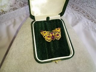 Vintage 1950s Czech Filigree Purple Rhinestones Butterfly Brooch.