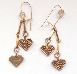 Vintage 9ct Gold Plated 925 Sterling Silver Earrings Heart Drop Dangle Retro 3g
