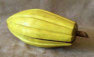 Vintage Hand Carved Yellow Wooden Box Shaped Like A Cocoa Pod 9” X 3.  5”
