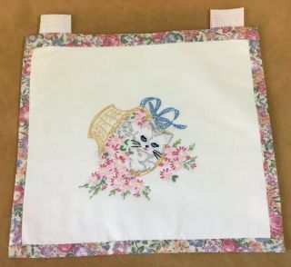 Vintage Quilt Wall Hanging,  Embroidered Kitty Cat In Basket With Flowers