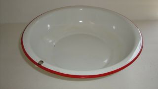 Vintage White With Red Trim Enamel/porcelain Wash Pan 12 1/4 " In Diameter
