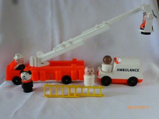 Vintage Fisher Price Little People Fire Truck,  Fire Fighters,  Ambulance,  Nurses