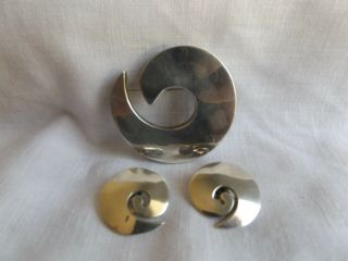 925 Sterling Silver Mexico Modernist Large Pin Brooch & Earrings Vtg.  Signed